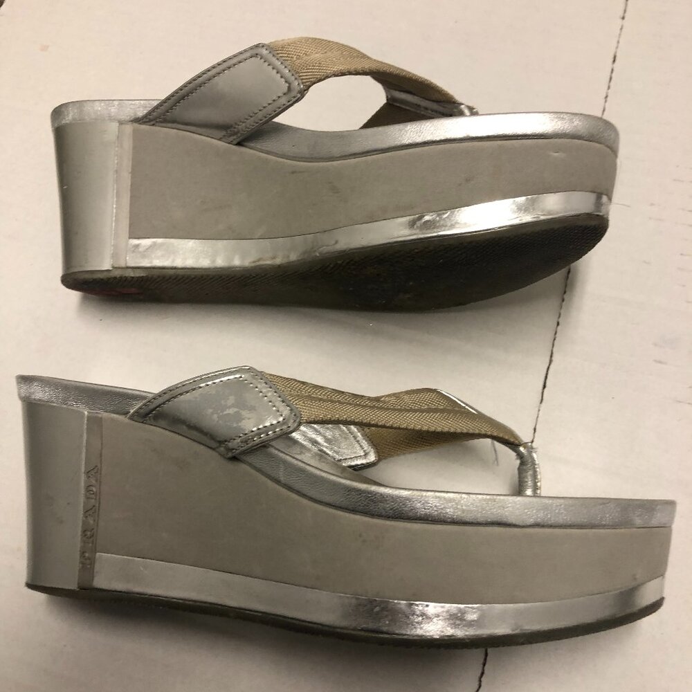 Prada silver platform wedge T-strap open toe leat… - image 1